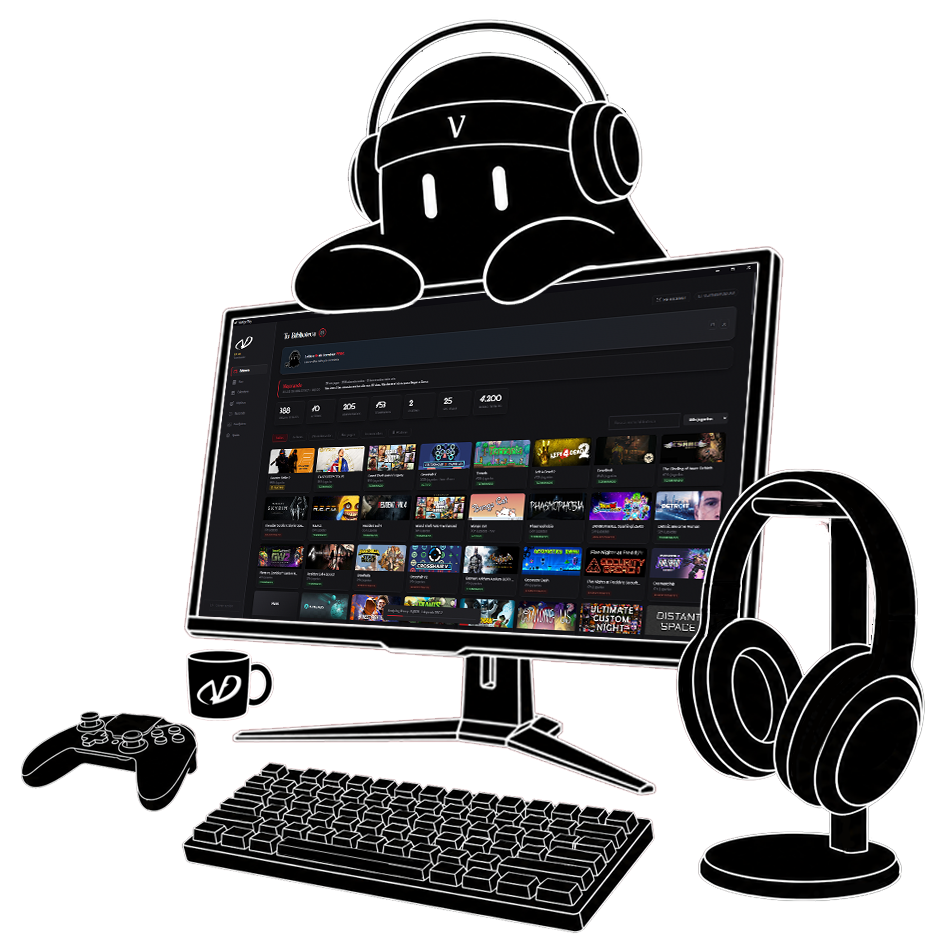 Vestige Play running on a desktop monitor, with Boo the mascot and a gaming setup