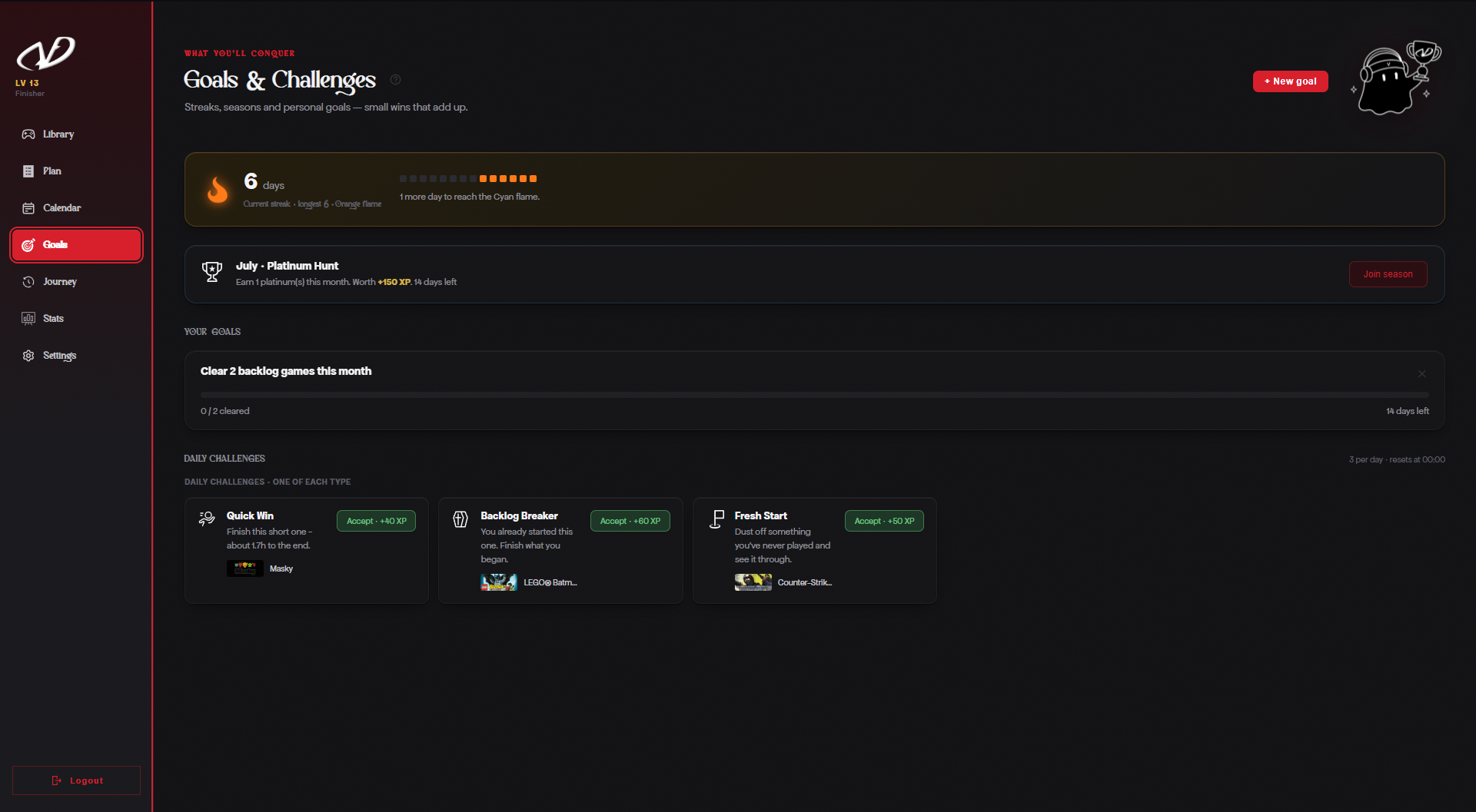 Vestige Play — Goals screen